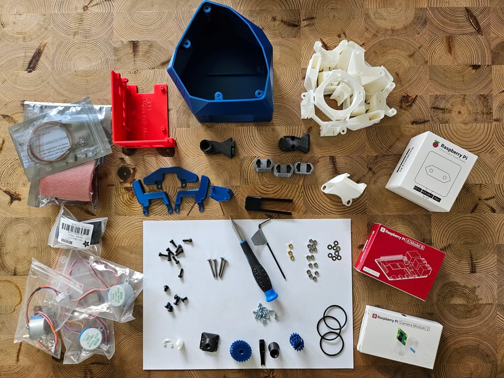 The components of an OpenFlexure Microscope before assembly
